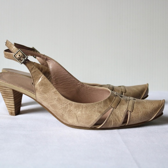 FUGITIVE By Francesco Rossi Leather Sling Back Heels Beige/Kaki Unique Size 38 - Picture 2 of 14